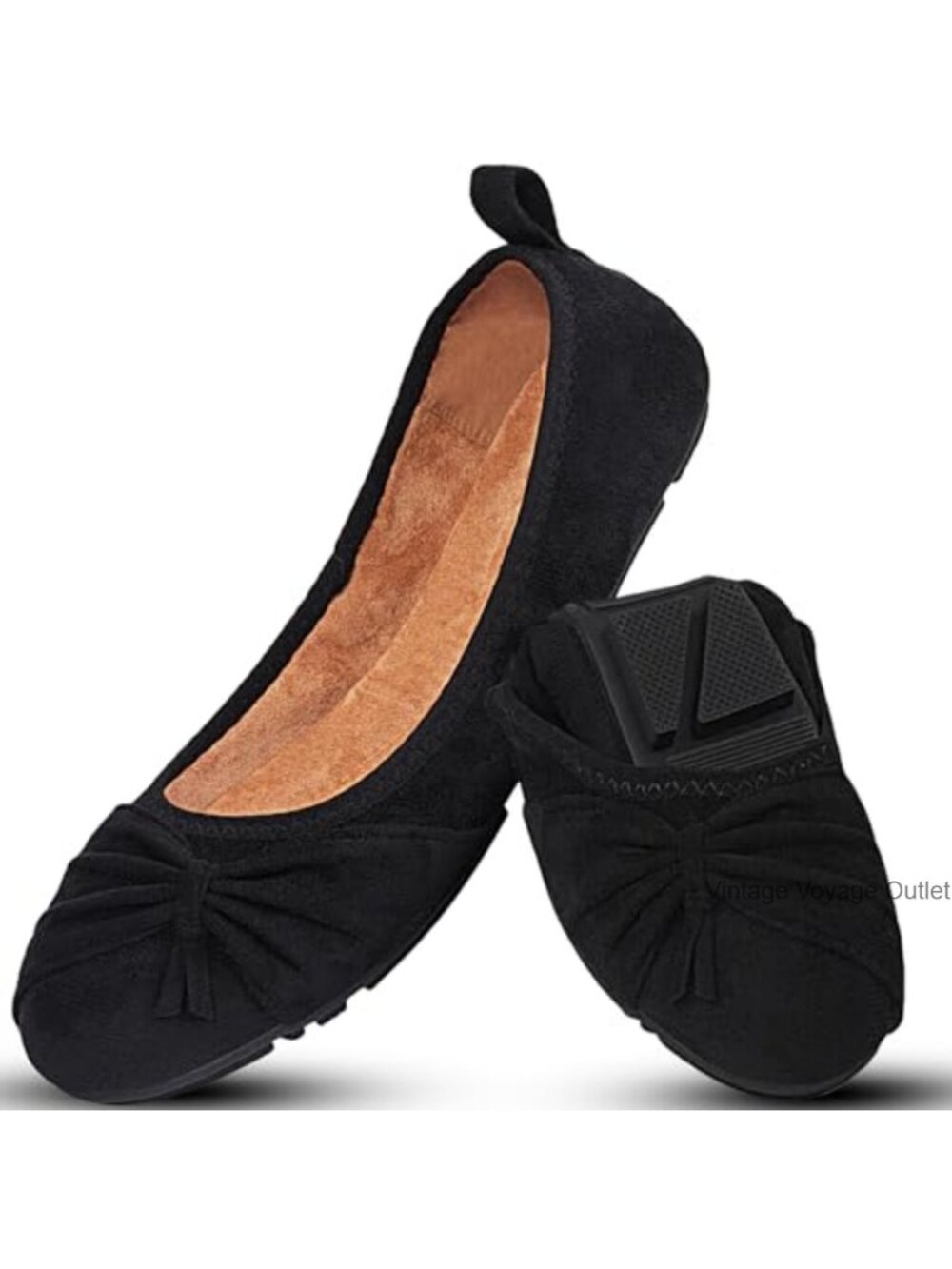 Foldable Black Suede Bow Ballet Flats Women's Comfortable Slip-On Dress Shoes